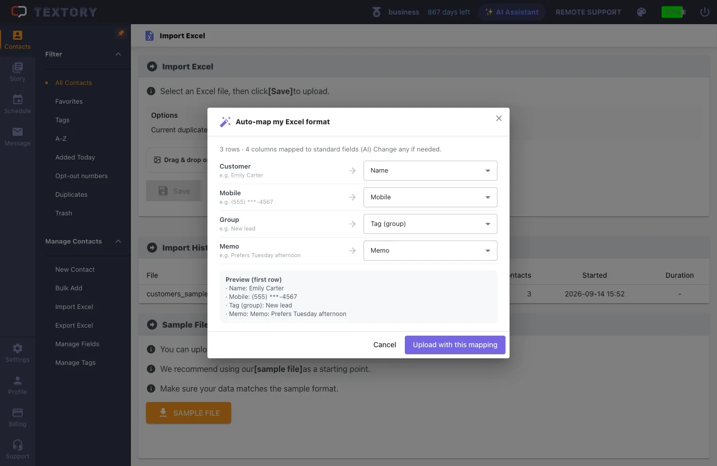 Check the auto-mapped columns and upload