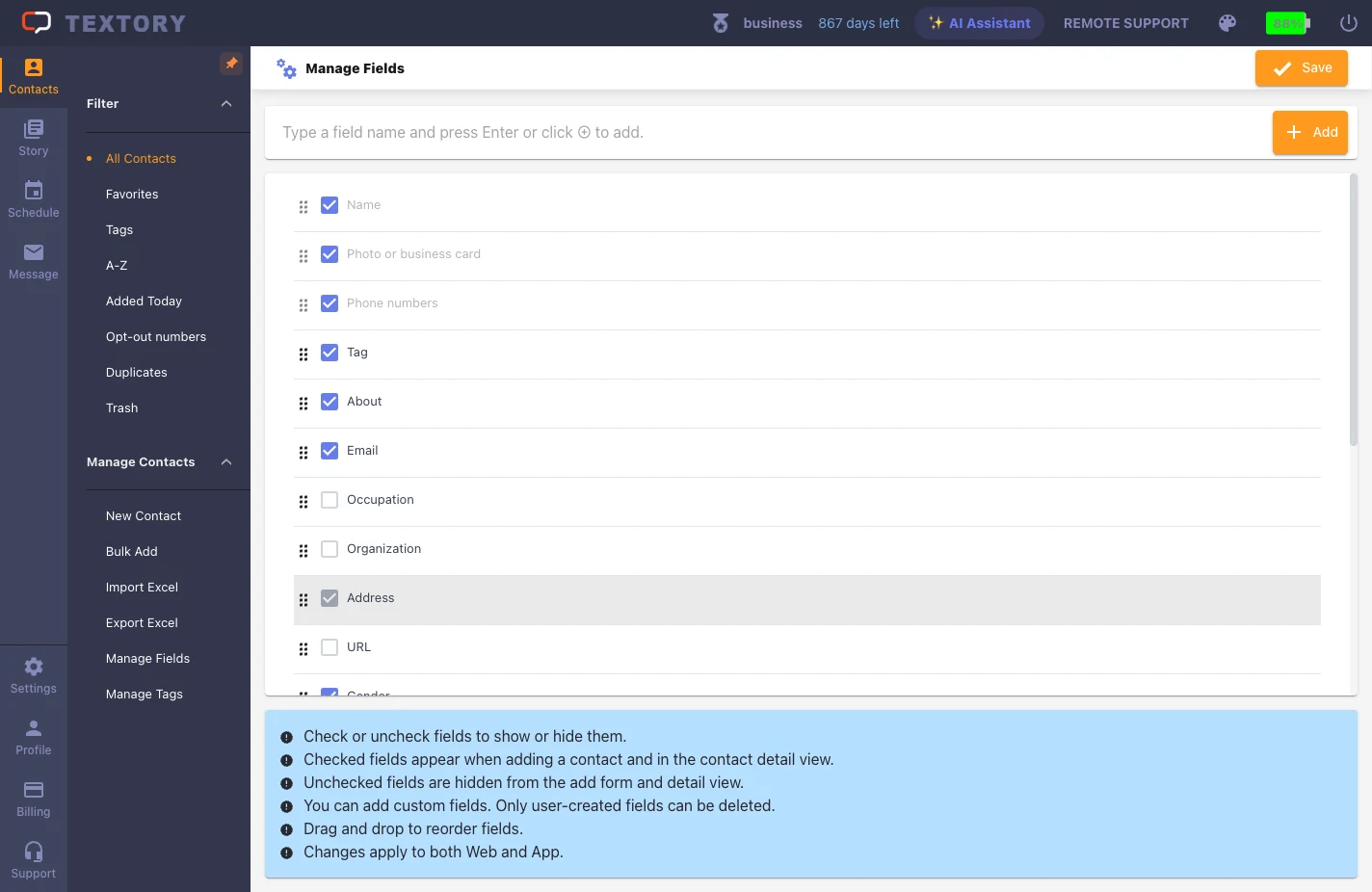 Open Manage Fields