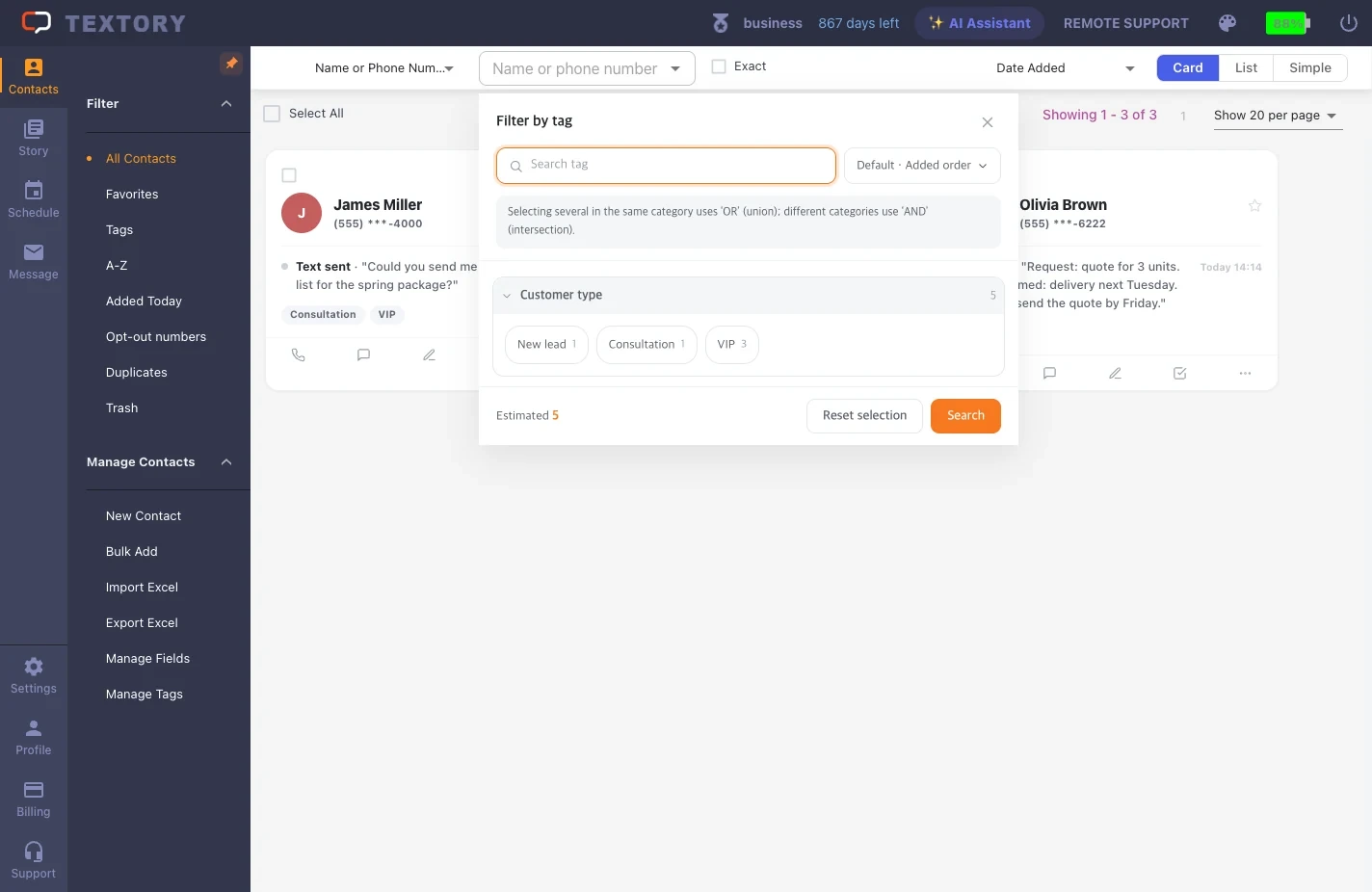 Search contacts by tag