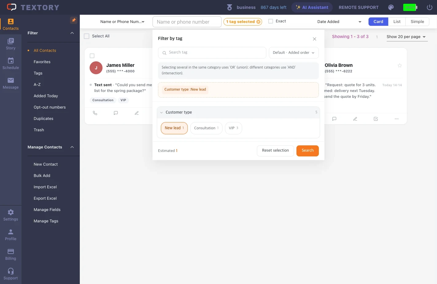 Search contacts by tag