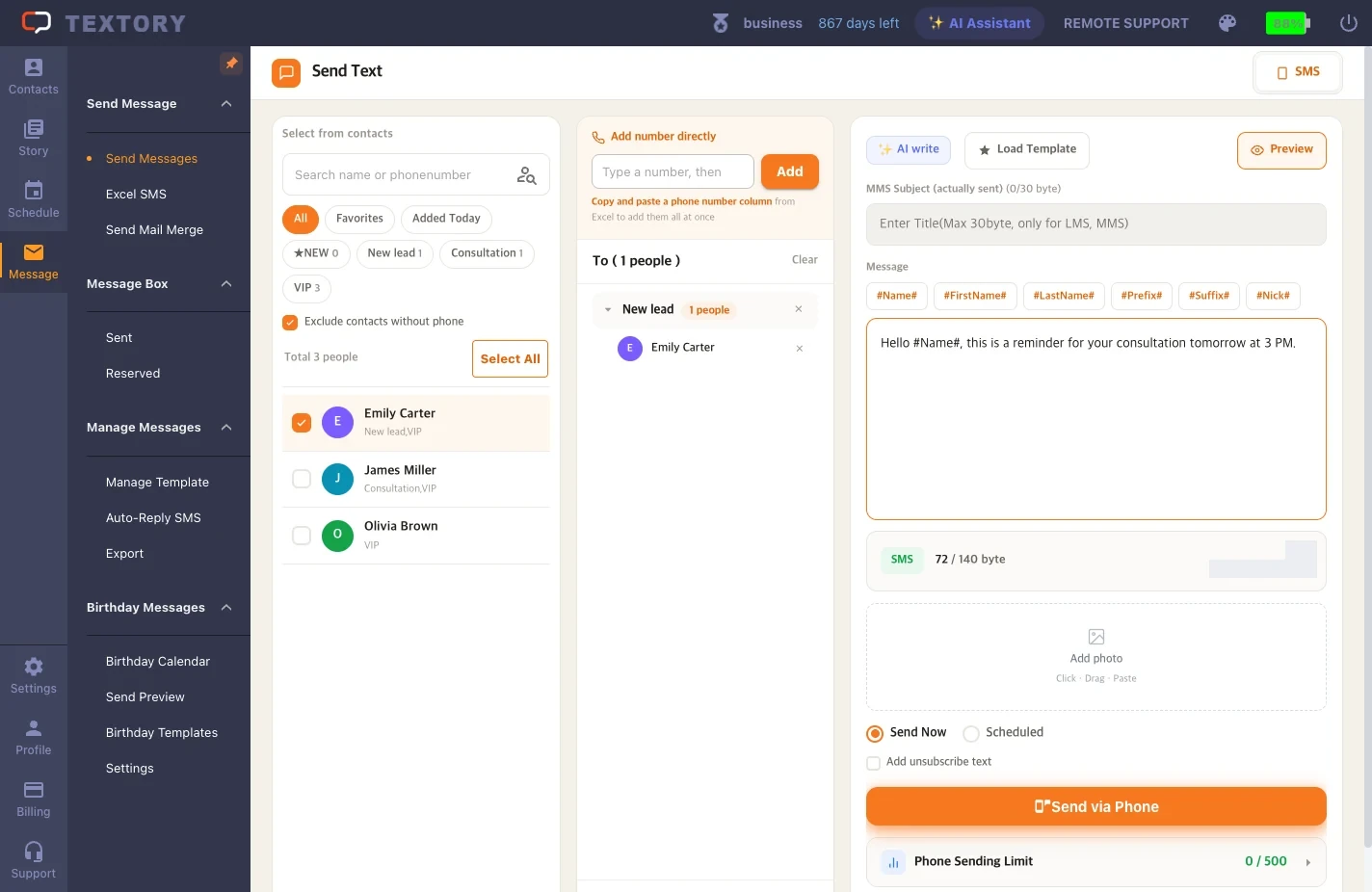 Choose Send now or Schedule, then send