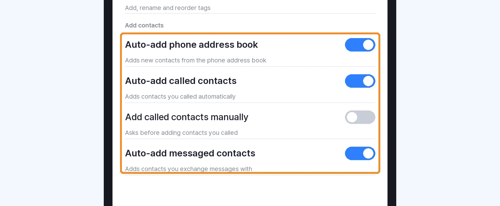 Turn on Auto-add messaged contacts
